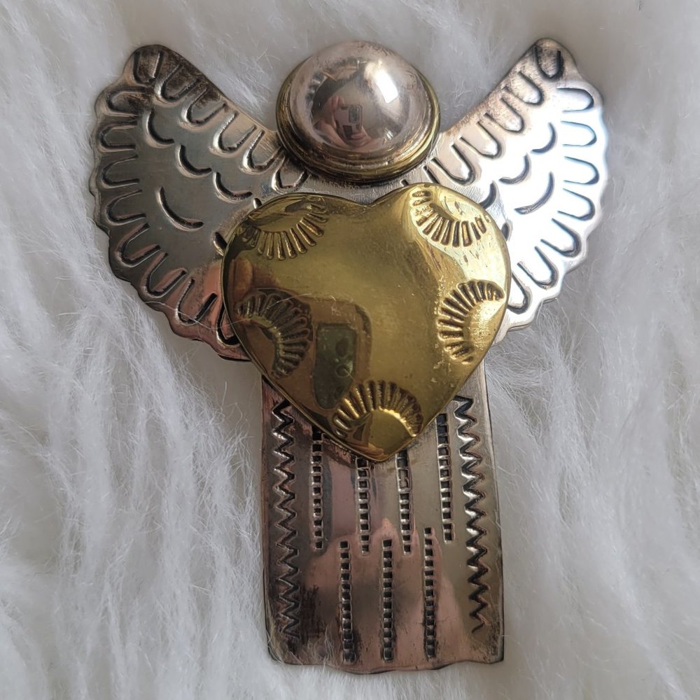 Vintage 925 Sterling Silver Angel Heart Pin Brooch Pendant Brass Accents